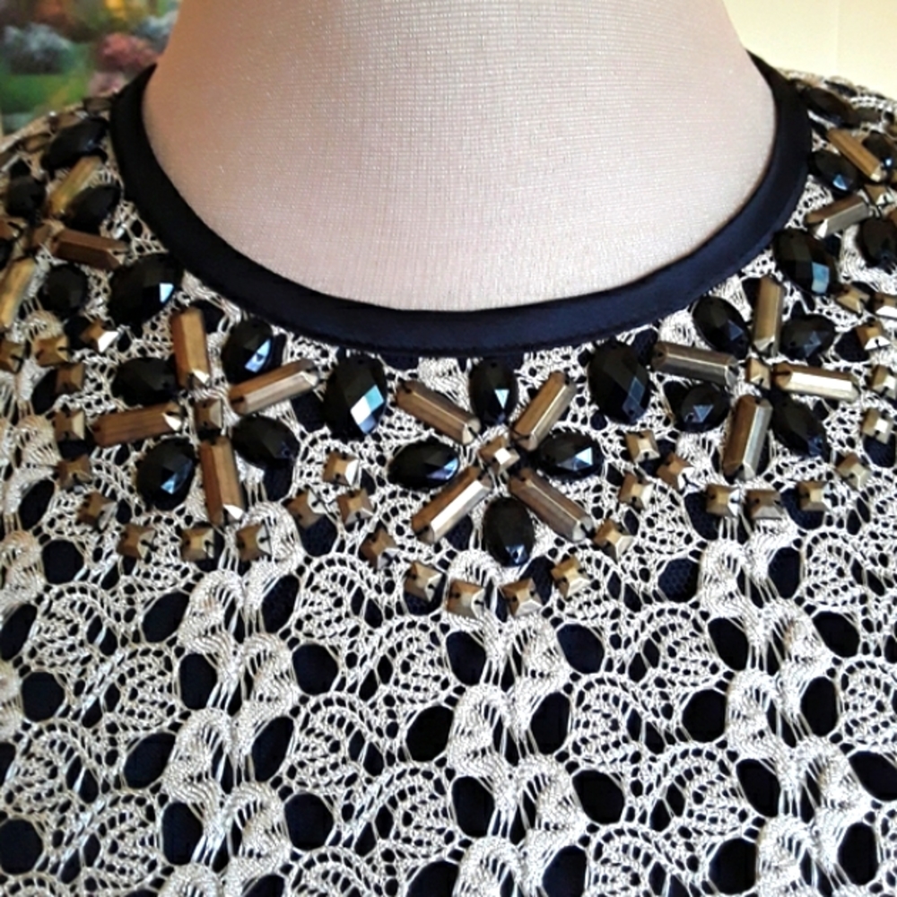 Dressbarn NWT Gold Lacey crochet over black dress